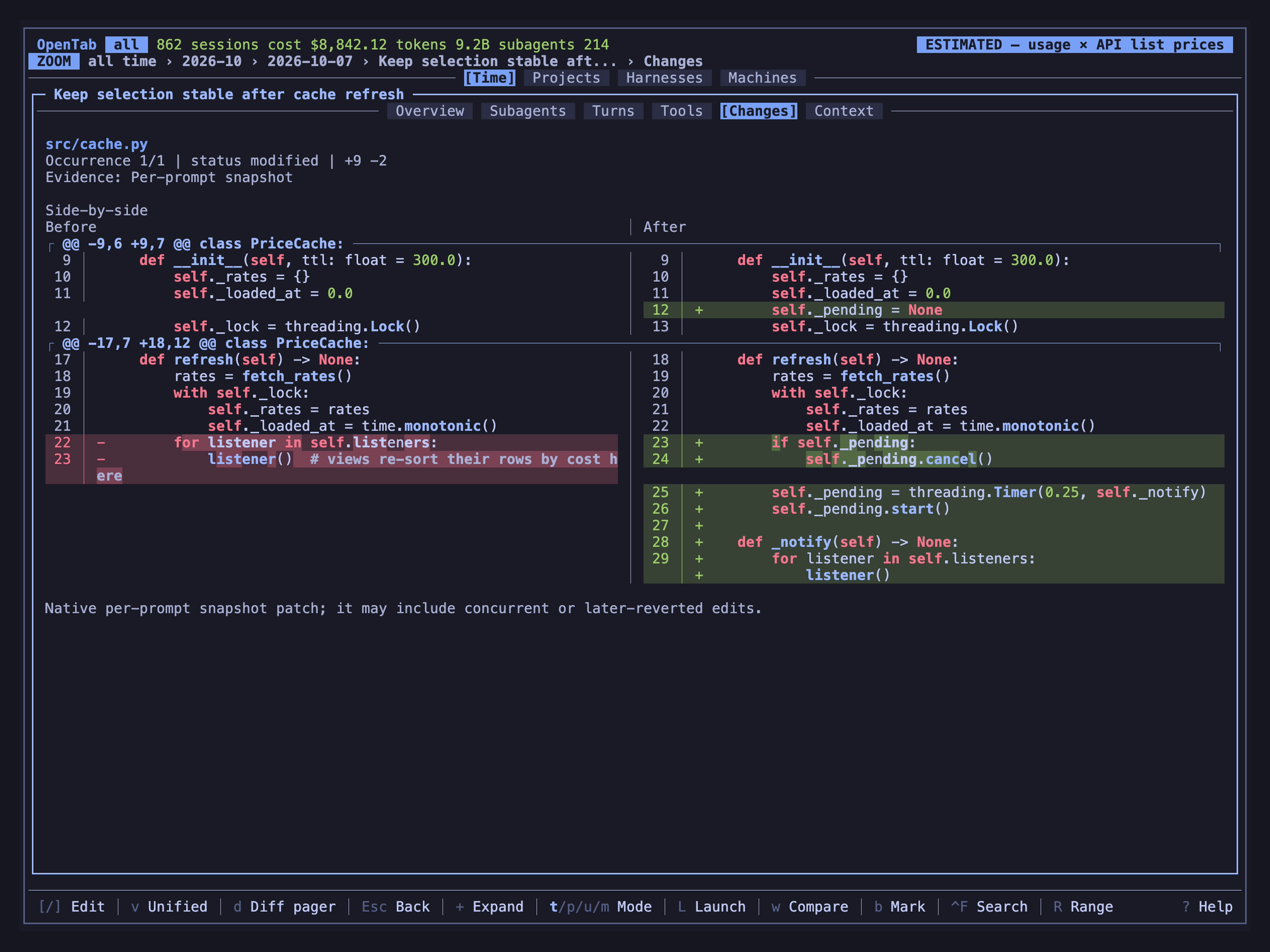 OpenTab Changes view showing a recorded file edit as a side-by-side diff.