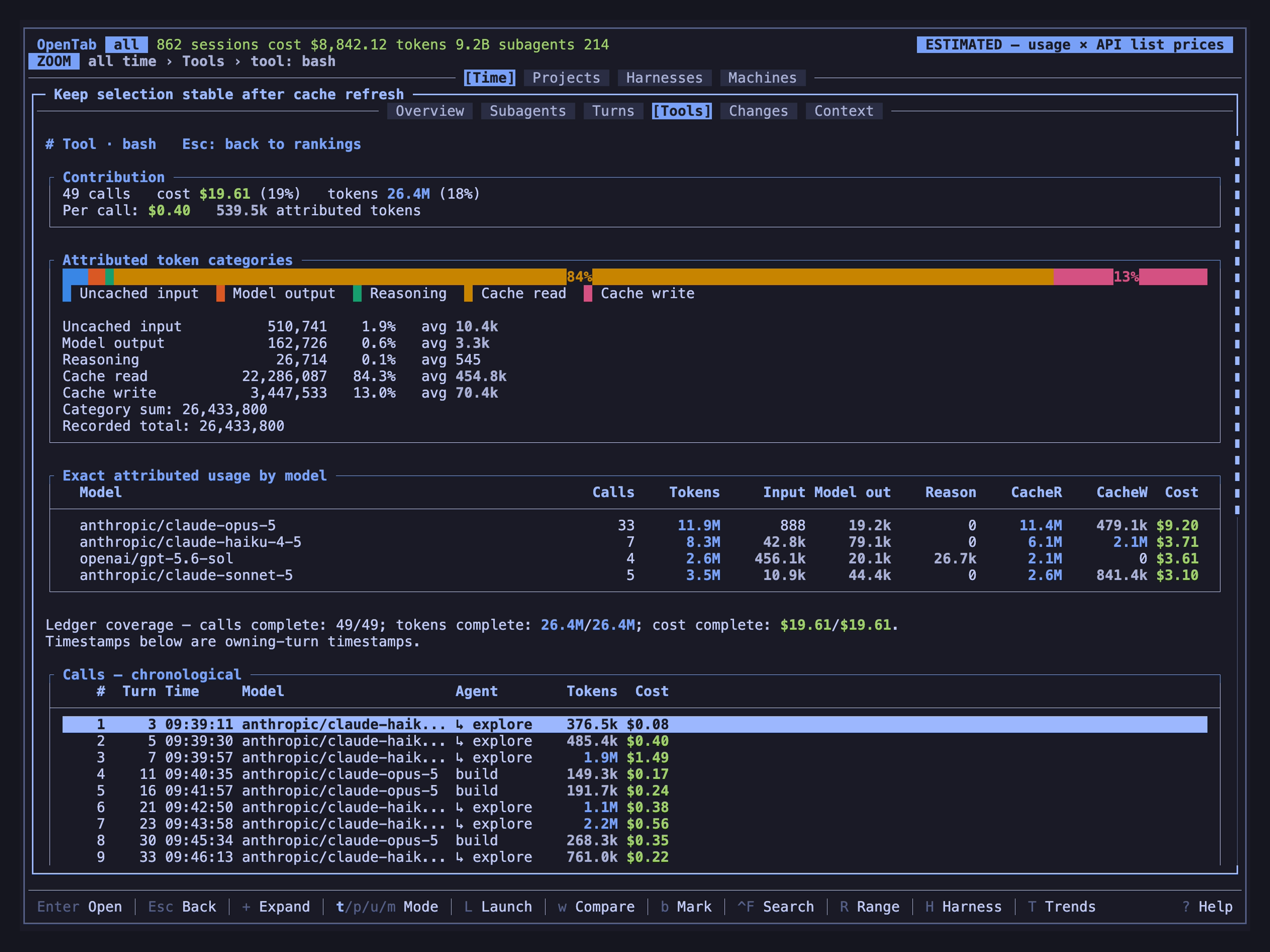 OpenTab tool-call explorer showing recorded calls and their results within a session.